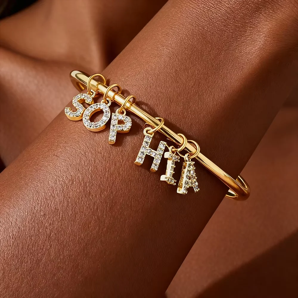 Personalized Name Bangles For Women Fashion Full Cubic Zirconia Initial Name Charms Bracelet Classic Meaningful Mother Day Gift