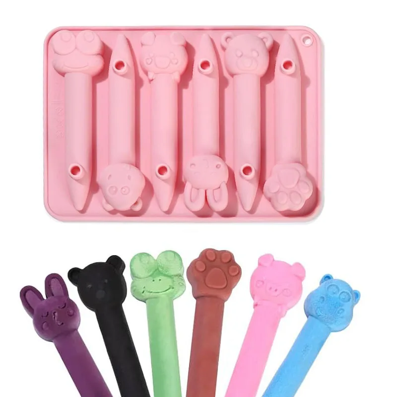 3D Cartoon Crayon Recycling Mold Assorted Oven Safe Wax Candle Melting Silicone Mould Pen Shape Pig Bear Paw Ice Cube Tray