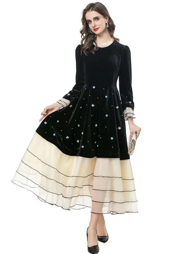 DLDENGHAN Damen Stehkragen Flare Ärmel Pailletten Perlen Vintage Samt Patchwork Kleider Mode Frühjahr Neu