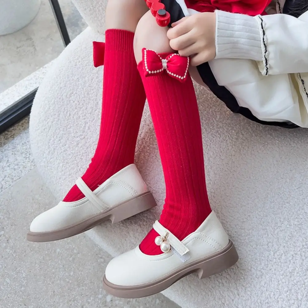 Cute Middle Tube New Year Red Socks Thicken Sweet Bow Hosiery for Princess Cotton Sleeping Socks Home Socks