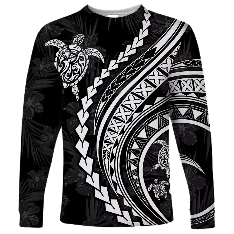 3D Long Sleeve 2026 New Men Polynesian Turtle Hibiscus Print T Shirt Luxury Casual Round Neck Autumn Tops Fashion Streetwear