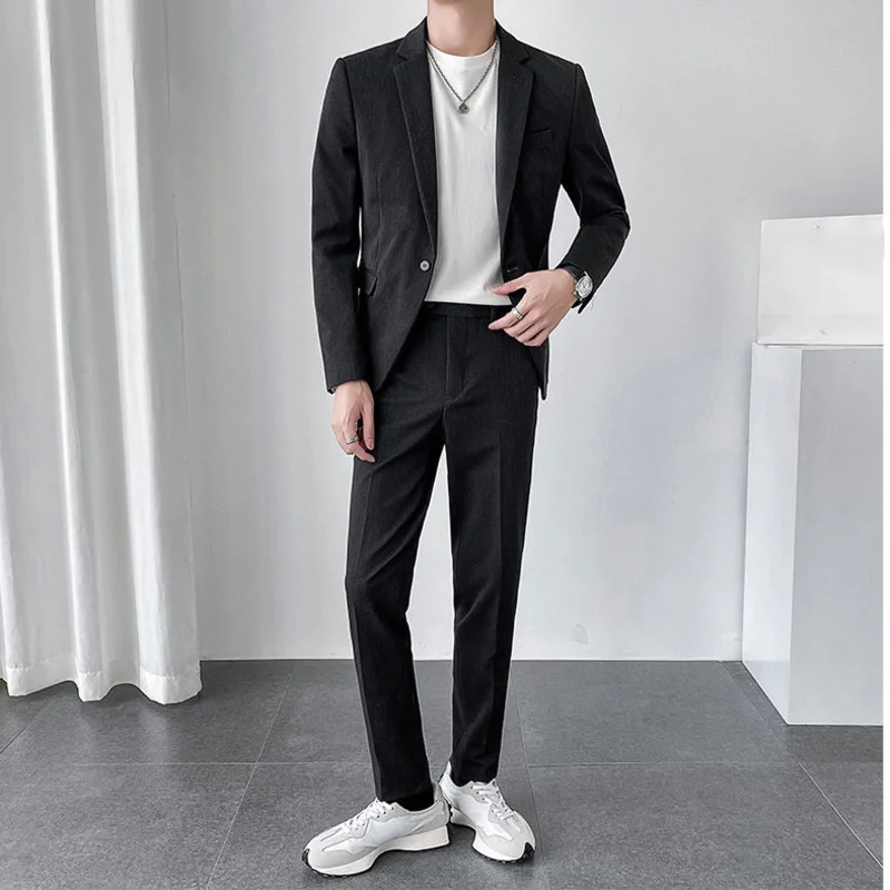 

New 2022 Trend Slim Fashion Trend Suit Two Pieces Set Autumn Fashion Handsome Men's British Wedding Dress Black Grey 2Y2877