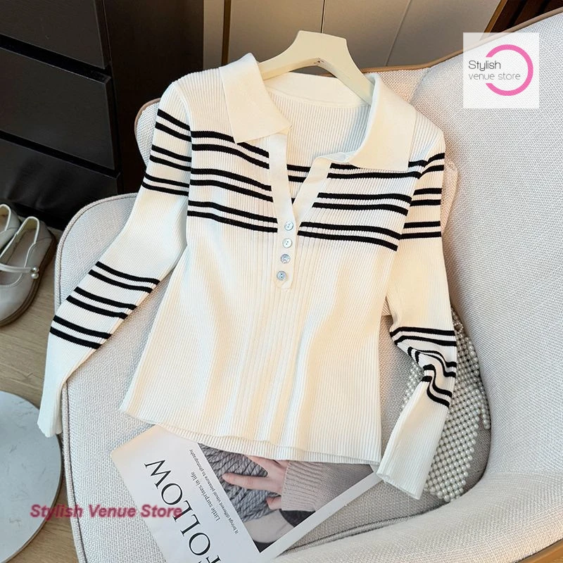 Korean chic Slim Striped Lapel Long Sleeve Knitwear Women's Spring and Autumn New Fashion Temperament Contrast Base Shirt Top