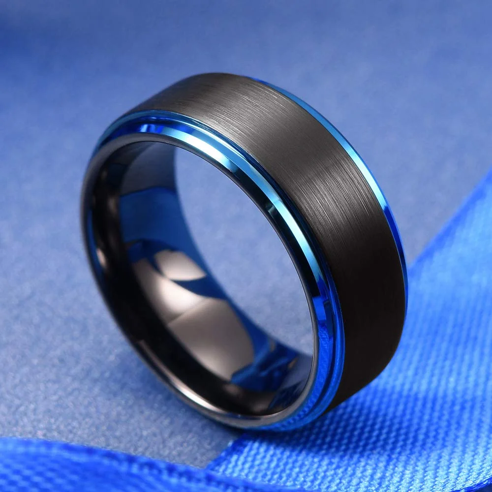 

Fashion 8mm Black Brushed Stainless Steel Rings for Men Women Blue Color Edge Ring Wedding Party Jewelry Gifts Wholesale