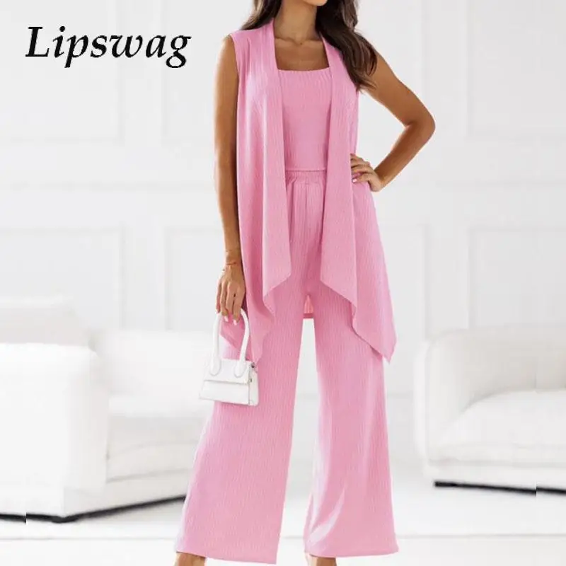 Ladies Sleeveless Cardigan&Tank Tops&Long Pants Office Suit Elegant 2024 New Outfits Summer High Street Women's Three Piece Set