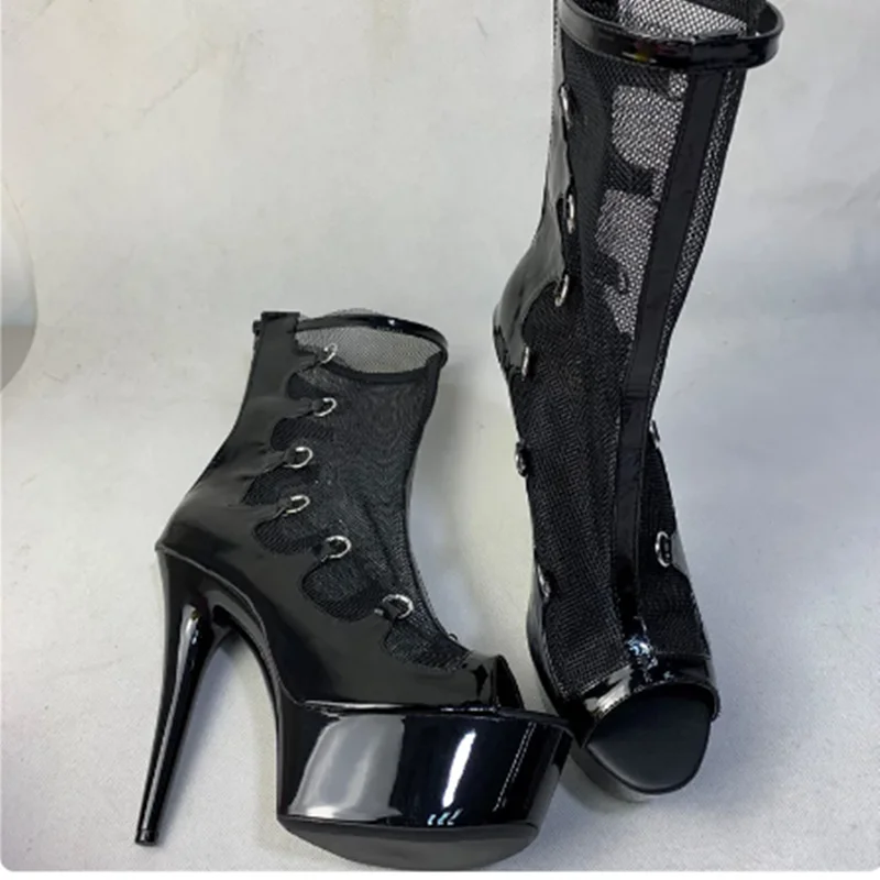 Black Mesh Cross Strap Platform Boots Mid Calf Thin High Heel Fashion 2023 Summer Casual Big Size Woman Shoes Zapatillas Mujer