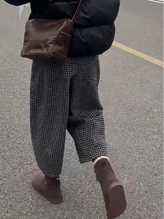 High Waist Loose Trousers for plus Size Women Autumn Winter Checkered Knife  Casual Pants Slimming Nine Point Trousers