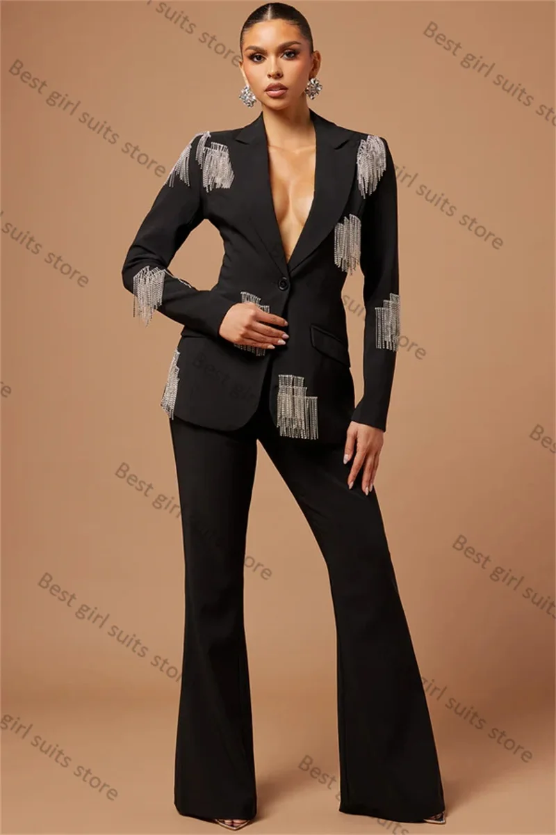 

Black Luxury Women Suit Set 2 Piece Crystals Blazer+Pants Formal Office Lady Jacket Customized Spring Wedding Coat Prom Dress