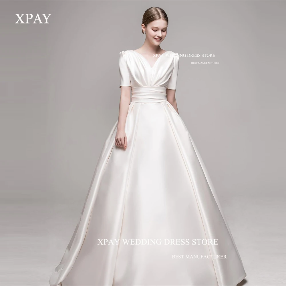 

XPAY Vintage A Line Wedding Dresses Korea Women V Neck Pleats Short Sleeves Floor Length Simple Bridal Gowns Custom Made