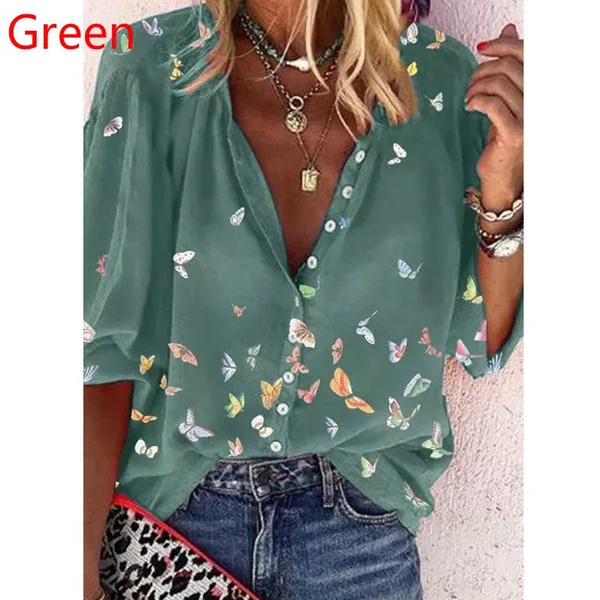 Popular fashion women\'s Europe and the United States spring big yards blouse long-sleeved lapel shirt butterfly print shirt