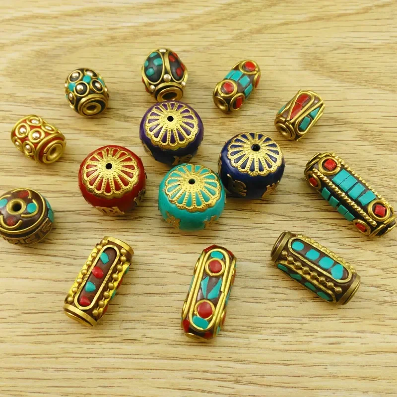 Nepalese Cylindrical Bucket Beads Hand Brass Inlaid Partition DIY Loose Beads Accessories