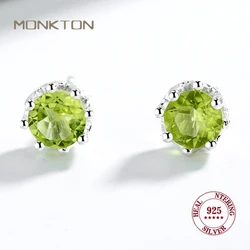 Monkton 100% 925 Sterling Silver Natural Peridot Earrings for Women 5mm Round Green Crystal Birthstone Stud Earrings for Women