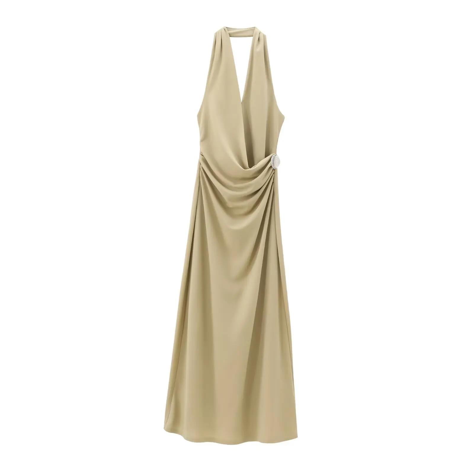 

Women's 2024 New Fashion Shell Decoration Sexy Pleated Hanging Neck Midi Dress Retro Sleeveless backless Women's Dress Mujer