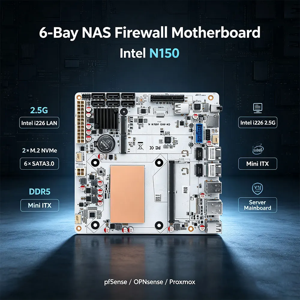 6-bay Mini Itx Nas Firewall Motherboard N150 2.5g I226 2×m.2 Nvme 6×sata3.0 Ddr5 Server Mainboard