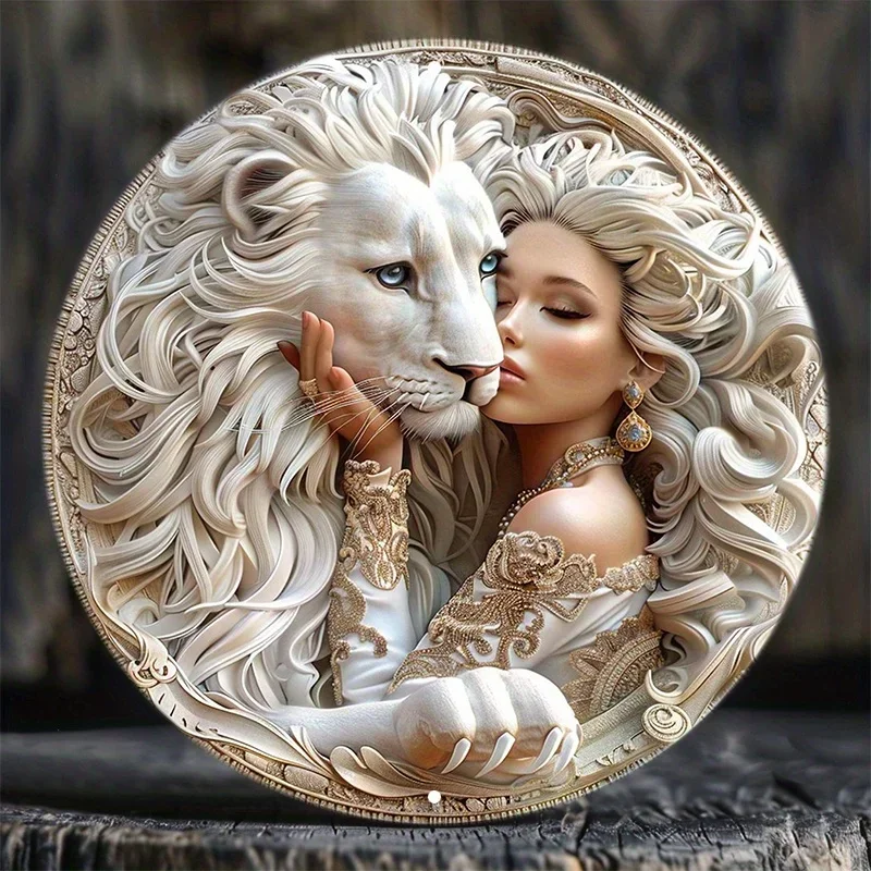 Stunning Woman & White Lion Art - Round Metal Sign - HD Print, Waterproof, Weather Resistant, Wall Decor