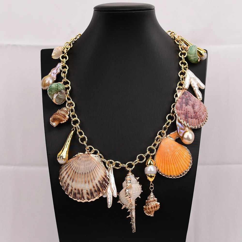 

G-G 20" Multi Shape Sea Shell Keshi Baroque Pearl Pendant Chain Necklace Summer Beach Jewelry Vintage For Women Party Jewelry