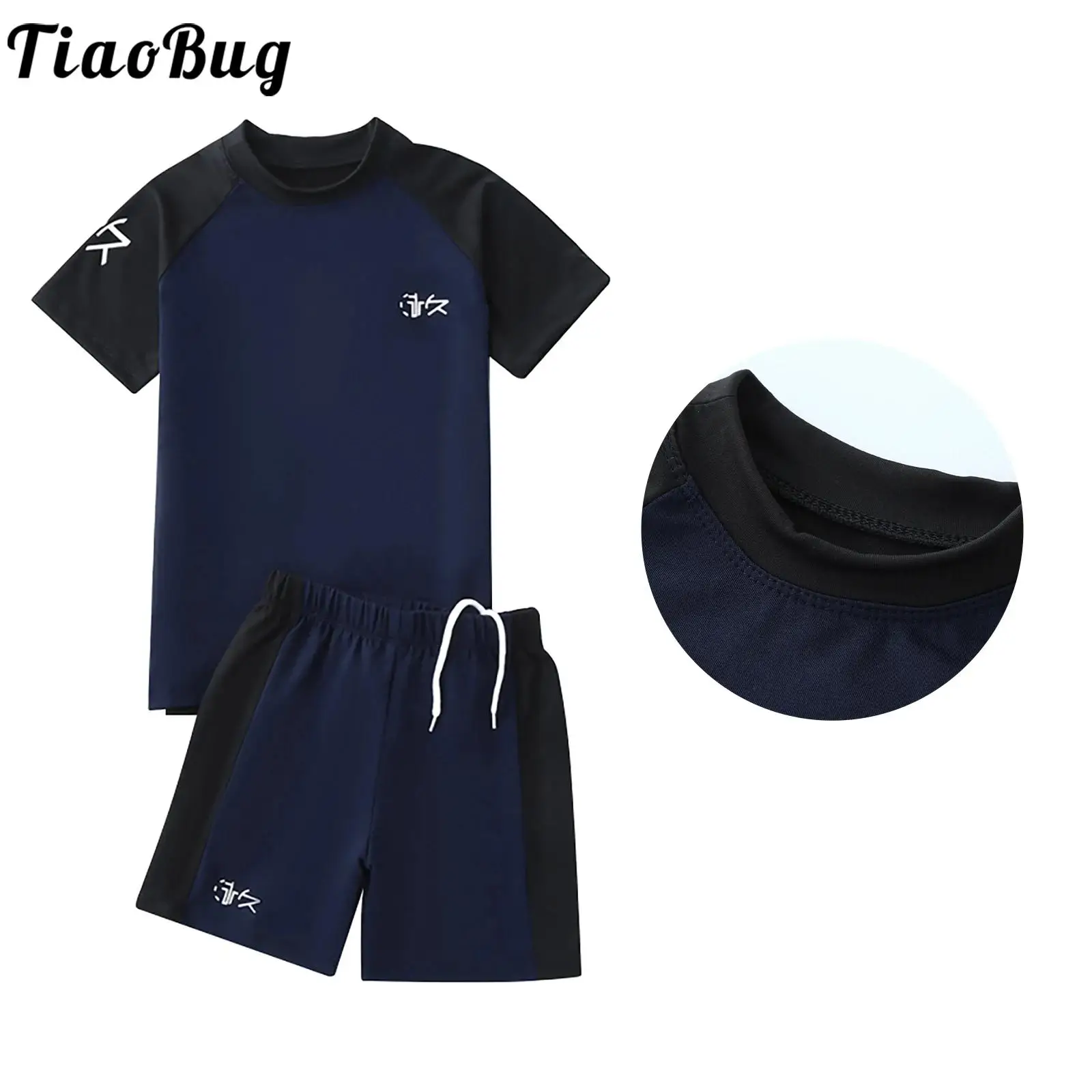 

Kids Boys Contrast Color Sports Set Tracksuit Swimsuit Swimwear Round Neck Short Sleeve T-shirt with Shorts for Workout Fitness