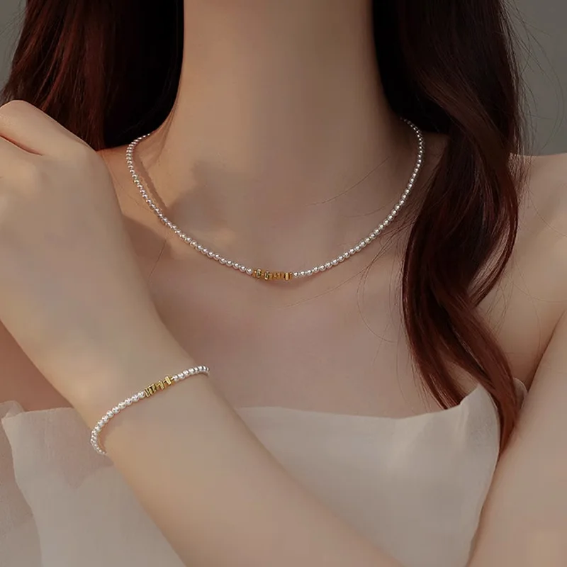 

French Vintage Oval Artificial Pearl Chain Necklace For Women Fashion Boho Gold-plate Metal Tree Texture Jewelry