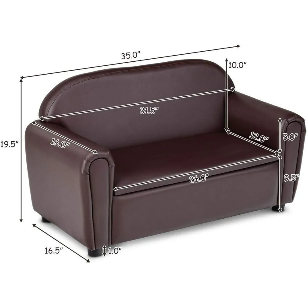 Kids Couch, 2 in 1 Double Seat Children's Sofa w/Under Seat Storage, PU Leather Surface, Toddler Armrest Chair, Soft Kids Sofa