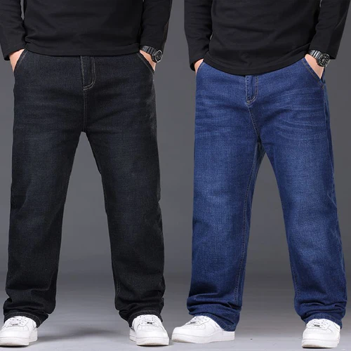 Pantalones vaqueros negros de talla grande 48 50 a la moda para hombre, pantalones vaqueros holgados informales de negocios para uso diario, pantalones de pierna recta elásticos minimalistas
