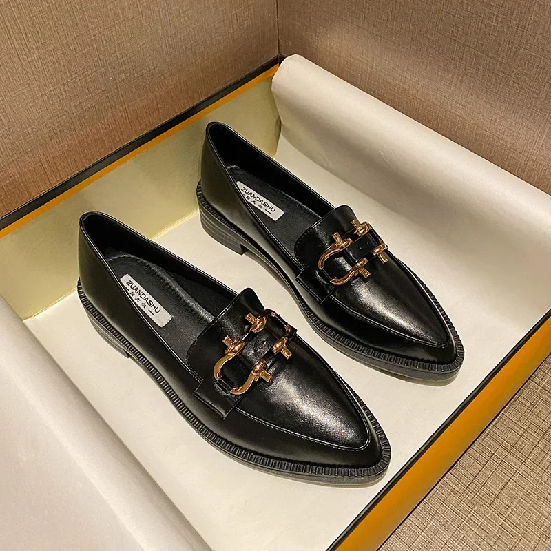 Pointed Toe Womens Loafers Shoes Metal Chain Platform Casual Female Sneakers Oxfords Slip-on Buckle Creepers On Heels Leat