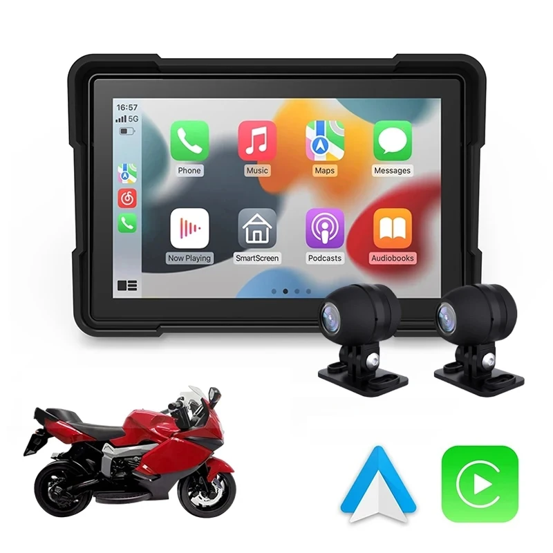

Czsky 5-дюймовый мотоциклетный навигатор с GPS-навигатором, беспроводной CarPlay Android Auto, передняя и задняя двойная камера, водонепроницаемый IPX7