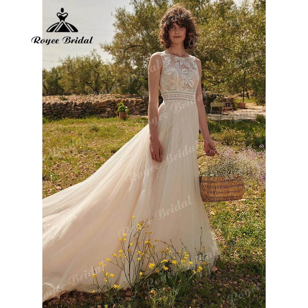 Abito da sposa rustico in pizzo floreale senza maniche A Line per la sposa 2024 abito da sposa per donna Custom Made vestido de noiva boho chique