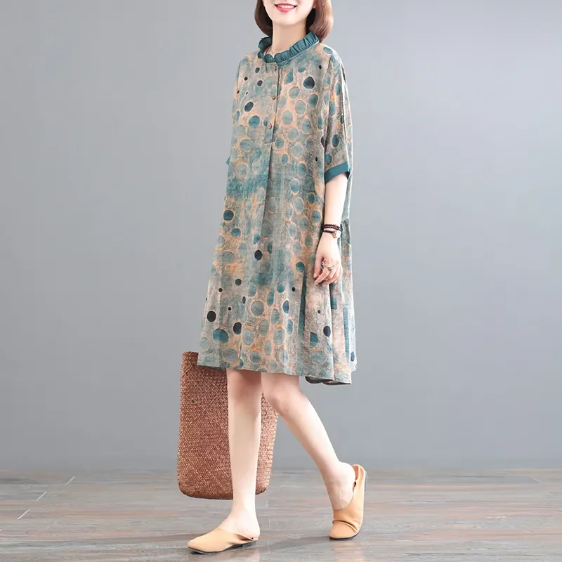 

Женское хлопково-льняное платье с принтом в горошек, с рюшами, воротником-стойкой, коротким рукавом, свободного кроя, миди