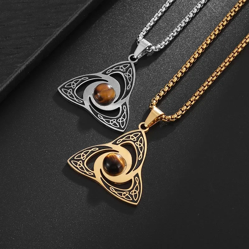 Stainless Steel Irish Celtic Knot Gemstone Pendant Necklace Men's Ethnic Style Lucky Amulet Jewelry Gift