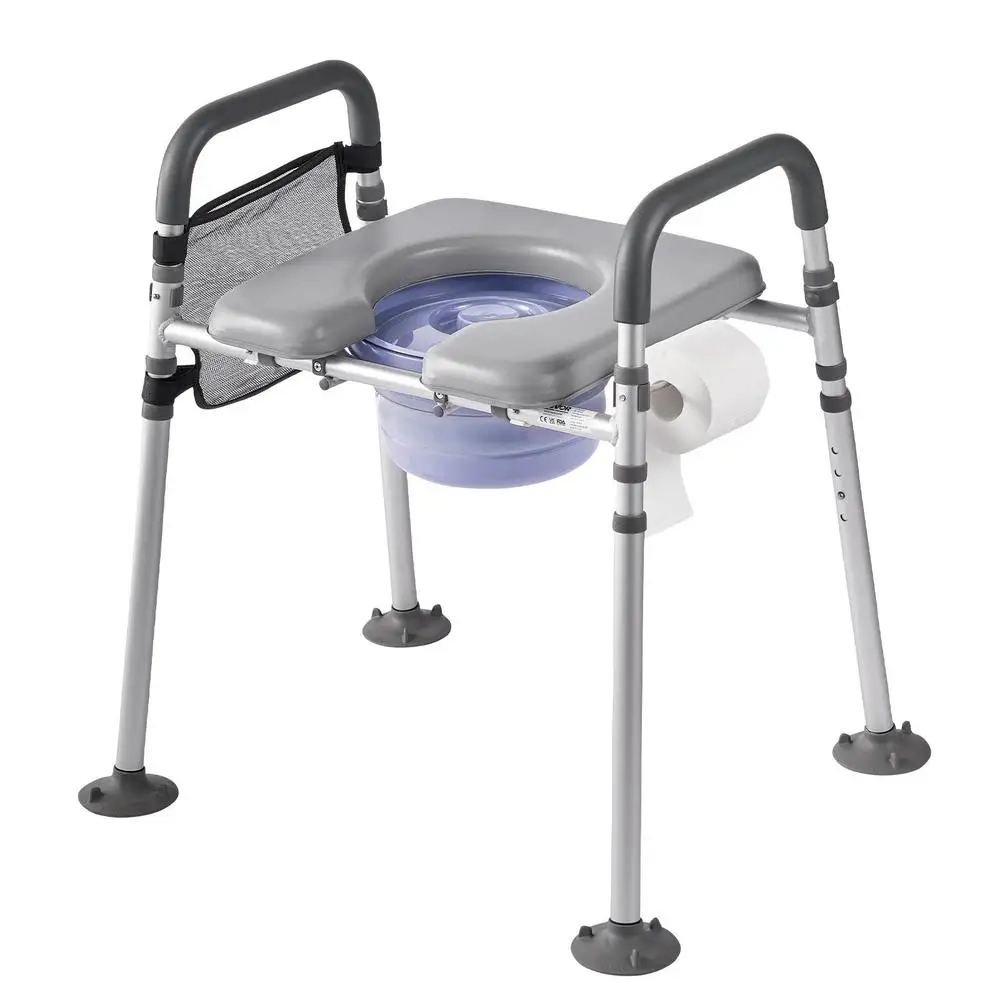 Chaise de toilette nocturne, capacité de poids de 227 kg, rehausseur de siège de toilette avec siège et dossier rembourrés, seau amovible de 5 L, chaise de toilette réglable en hauteur pour personnes âgées et adultes