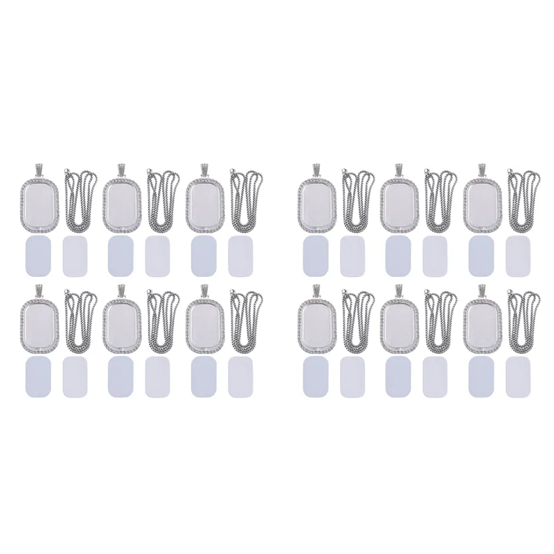 ABWZ-48Pcs Sublimation Rhinestone Trays Pendant Set, 12 Blank Bezel Trays, 12 Pcs Chains With 24 Discs, Rectangle Style