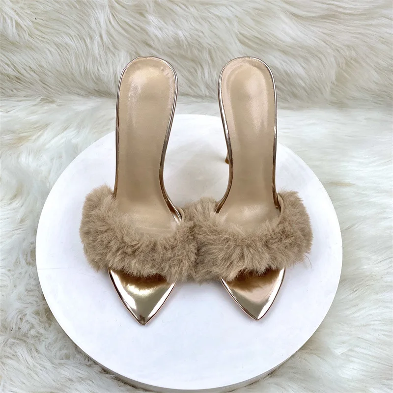 New Novelty Design 12cm Sexy Fur Gold Woman Outdoor Slipper High Heels Sandal Stilettos OL Work Ladies Party Club Dress Shoes