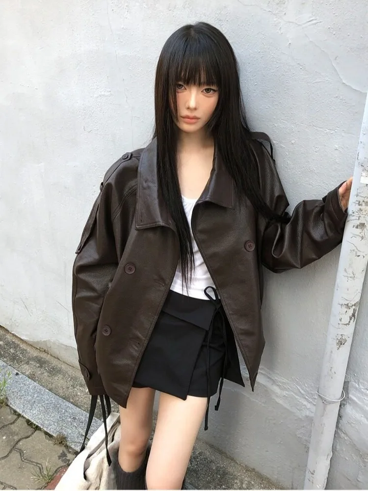 Retro Stand Collar PU Leather Jacket Women's Short Style Autumn New High-End Feeling Silhouette Coat Top Polyester Fiber