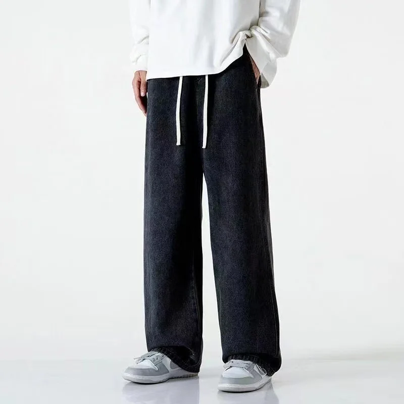 Fashion Men's Solid Color Drape Jeans Loose Straight Korean Vintage High Street Hip-hop Casual Daily Dragging Wide-leg Pants