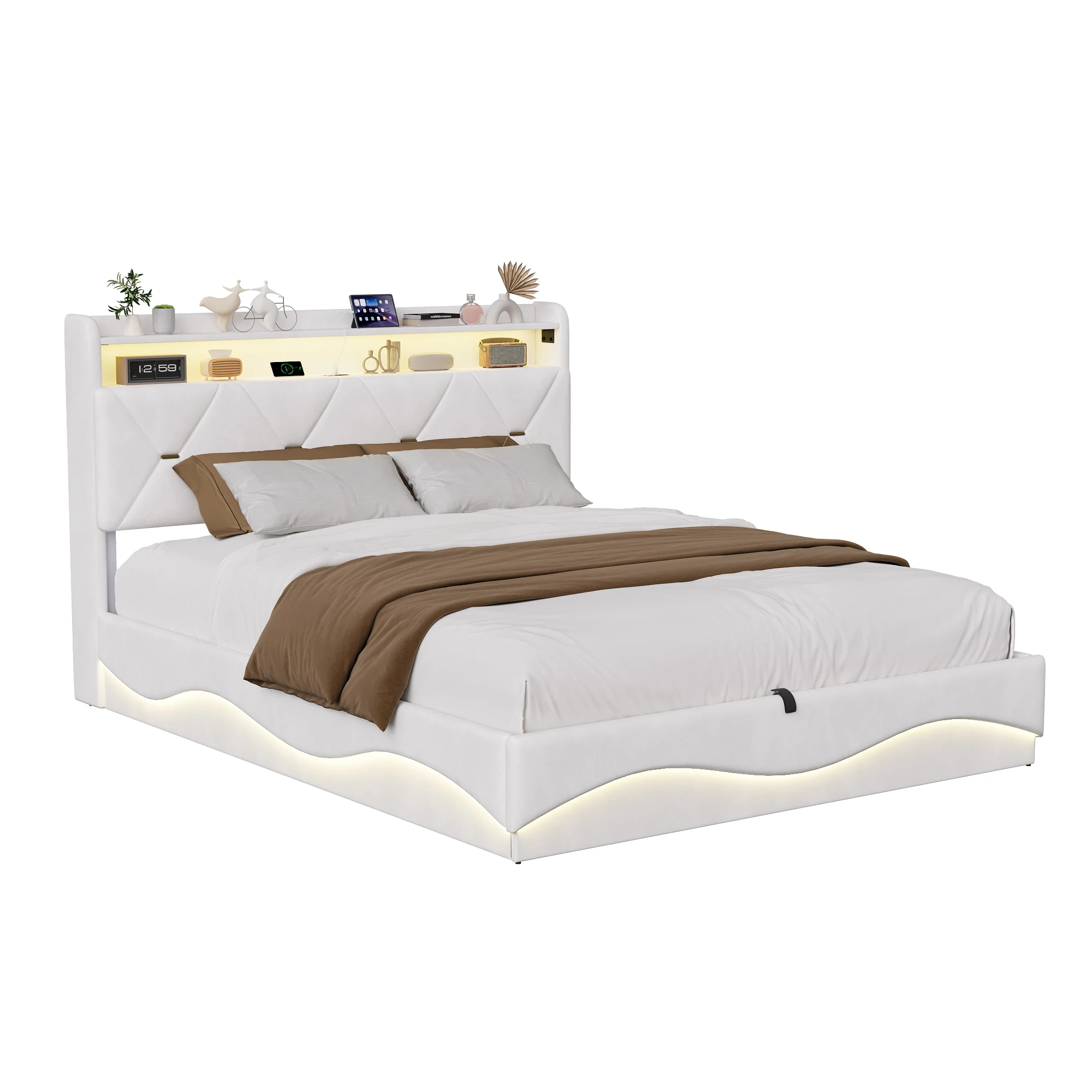 Kinderbed 90x200cm Gestoffeerd bed 140x200 met LED-verlichting, USB- en Type-C-poort, Slaapkamer Tweepersoonsbed met lattenbodem, Fluweel