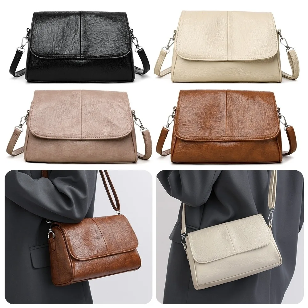 

Retro Leather Crossbody Bag Solid Color Multi-pocket Oil Wax Leather Bag Adjustable Strap Flap Design Shoulder Bag For Women