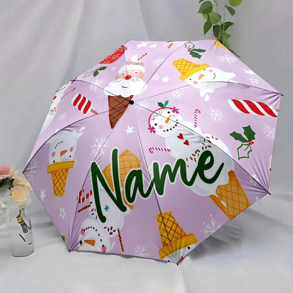 Custom Name Whimsical Snowman Ice Cream Umbrella Design Print 8 Iron Ribs Folding Umbrella Auto-Open Fashion Sunshade