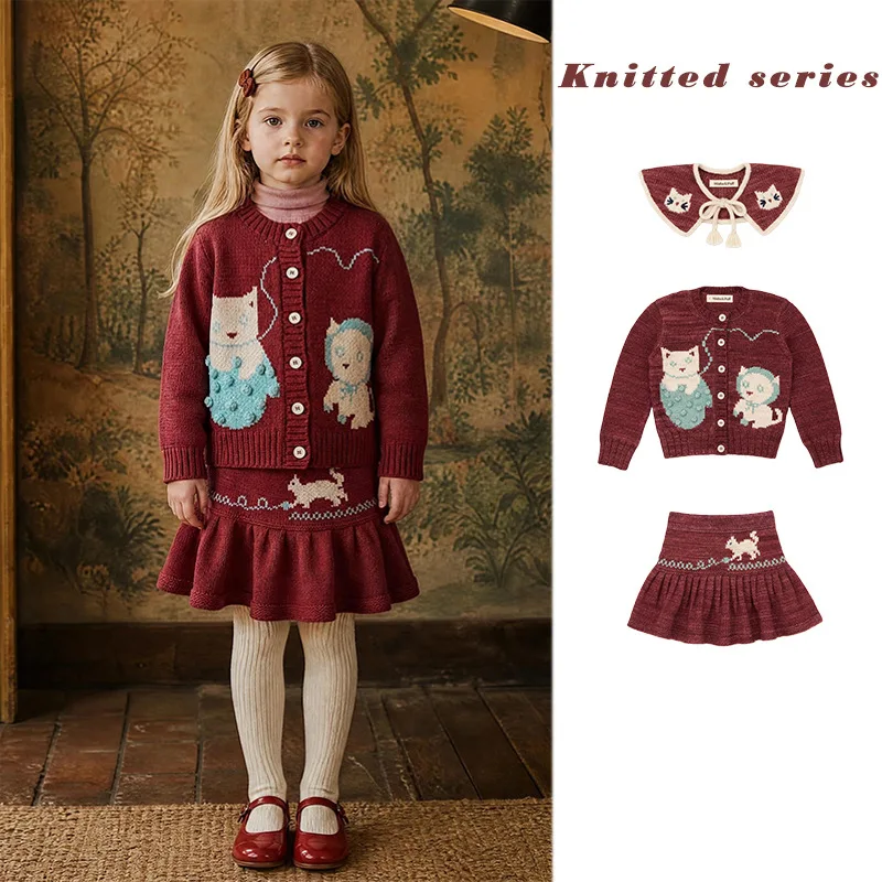 2026 Autumn Winter MP Series Girls Holiday Cartoon Cat Knitted Sweater & Skirt Pants 2-Piece Set