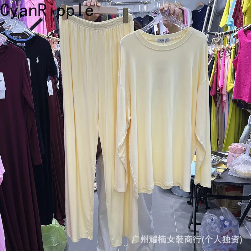 2026 New Spring Autumn Women Two-piece Set Loose Long Sleeve Hoodie Pullover Top + Elastic Waist Casual Wide Leg Straight Pants