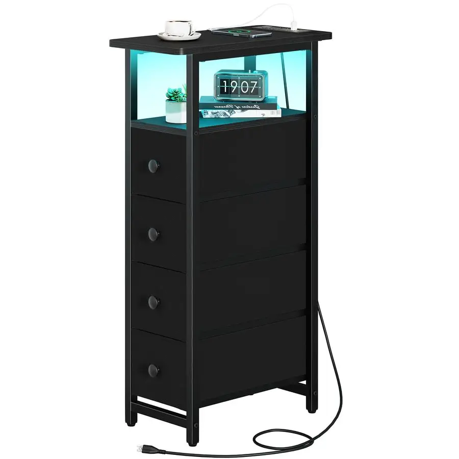 

LED Narrow Nightstand with Charging Station Slim Dresser for Bedroom Narrow Side Table Storage Cabinet, Small Dressers Chest of