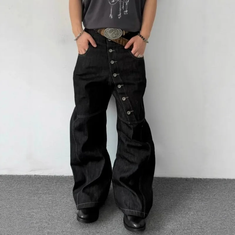KIDWHXR Man Wide-Leg Pant Streetwear Single-breasted Loose Male Denim Pant Vintage Simple Casual Mid Waist Washed Men Trousers