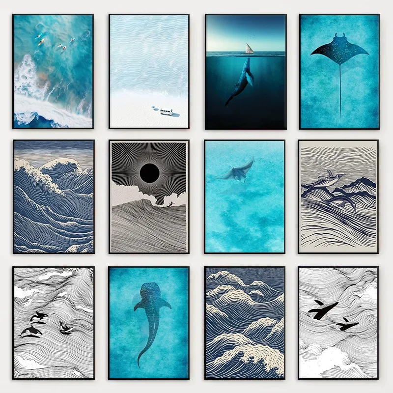 Whale Shark Aerial Watercolor Poster Modern Abstract Ocean Wave Marine Life Canvas Painting Wall Art for Living Room Home Decor