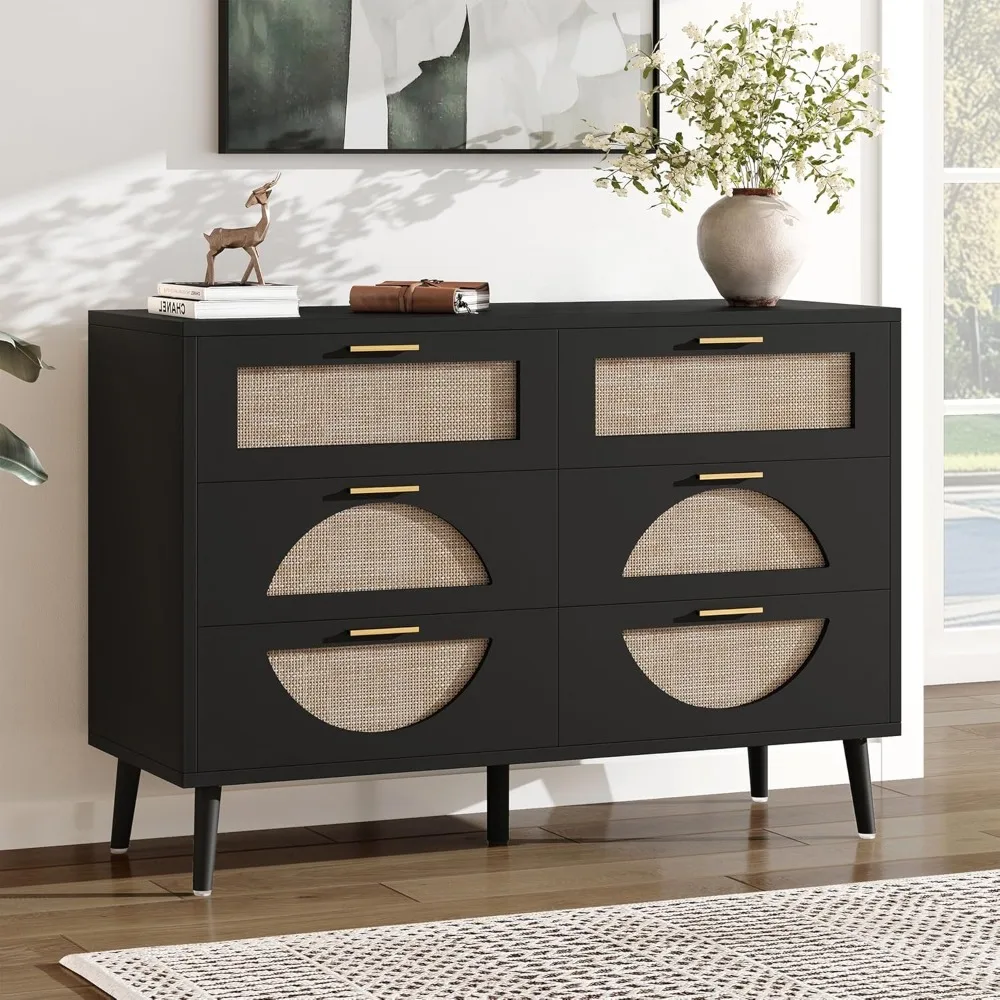 

Modern Boho Rattan Dresser Wood Chest of Drawers with Gold Handles&Wood Legs,Clothes Storage Cabine