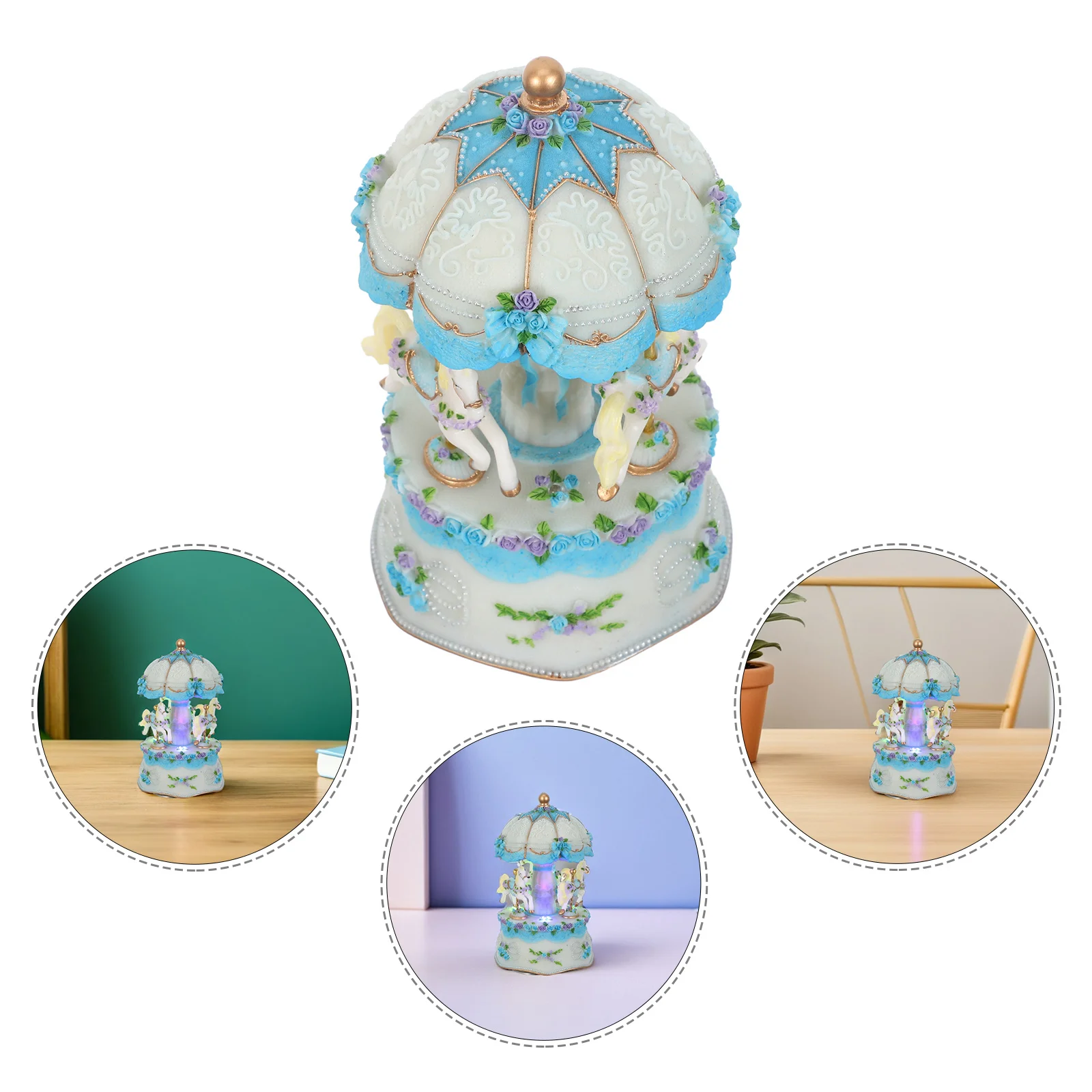 

3-Horse Carousel Music Box Vintage Rotating Musical Color Changing Led Lights Wind Up Melody For Christmas Birthday Decor