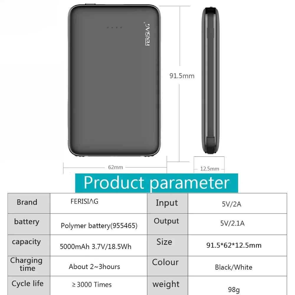 FERISING Built with Cable Power Bank 5000mAh USB Type C Portable Charging PowerBank External Battery For Xiaomi Mi iPhone 14 15