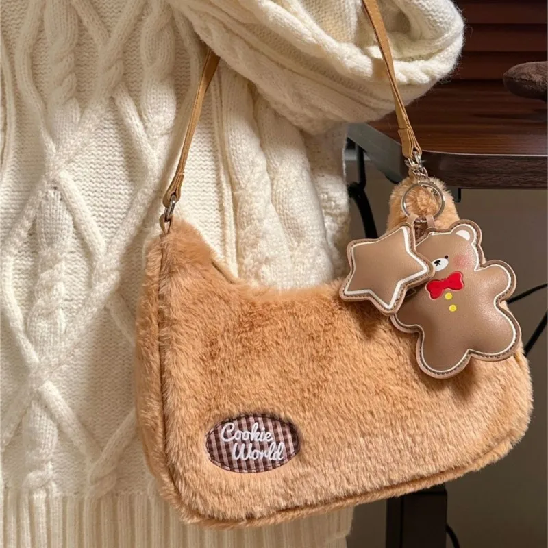 

JIAERDI Sweet Cute Letter Patch Handbag Women Plush Soft Large Capacity Shoulder Bag Ladies Casual Commuter Underarm Bags 2025