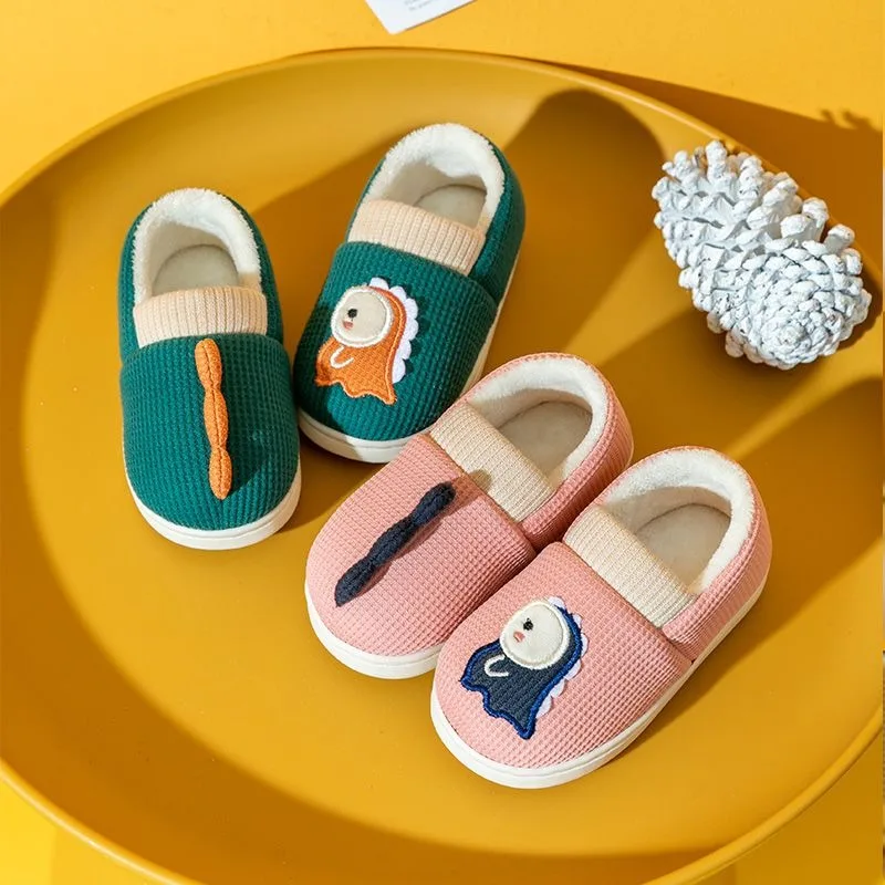 أطفال الشتاء نعال من القطن بنين بنات طفل دافئ عدم الانزلاق لطيف الكرتون ديناصور تصميم داخلي أحذية منزلية طفل الأحذية #6