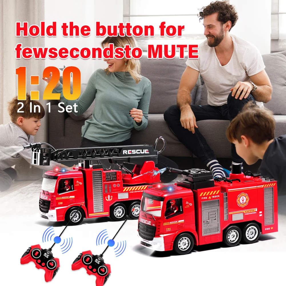 2 em 1 conjunto de controle remoto caminhão de bombeiros brinquedo engenharia veículo de construção com escada resgate alarme luz mangueira bomba água crianças presente
