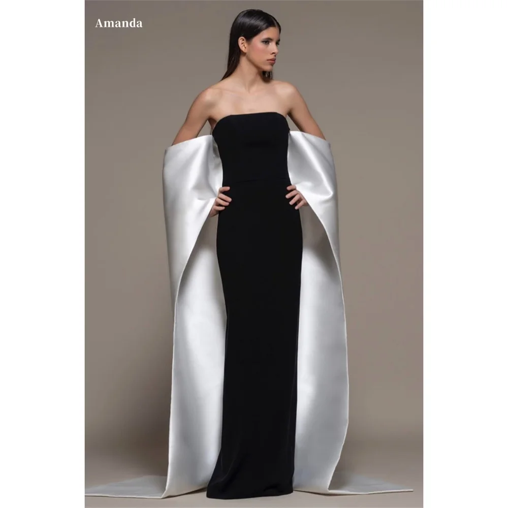 Amanda Black Detachable Shawl Prom Gown Strapless Satin Column Evening Formal Elegant Sleeveless Floor-Length Party Dresses