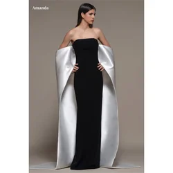 Amanda Black Detachable Shawl Prom Gown Strapless Satin Column Evening Formal Elegant Sleeveless Floor-Length Party Dresses